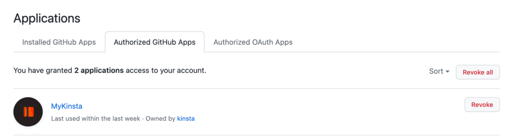 Sevalla GitHub application in Authorized GitHub Apps.